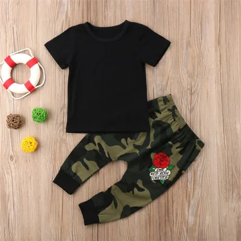 2PC Niño Niños Ropa de Bebé Niños T-shirt Top + Camuflaje Pantalones Largos Trajes+Bordado de rosas flores