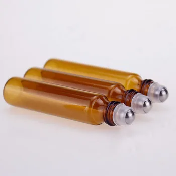 50pcs/lote 10 ml Roll En la Portátil de Vidrio de color Ámbar Recargables Botella de Perfume Vacía de Aceite Esencial de Caso Con Tapa de Plástico