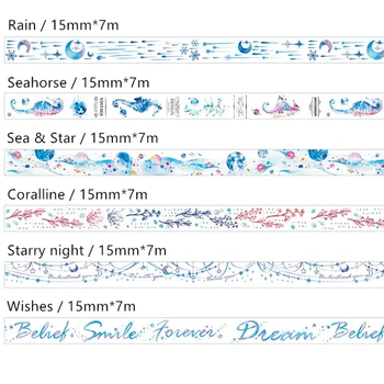 6pcs Fantástico Mundo marino Washi Tape Set de 15 mm de caballitos de mar de la Luna Estrellas Adhesivas Cintas adhesivas Pegatinas de Decoración Álbum Diario de BRICOLAJE F165