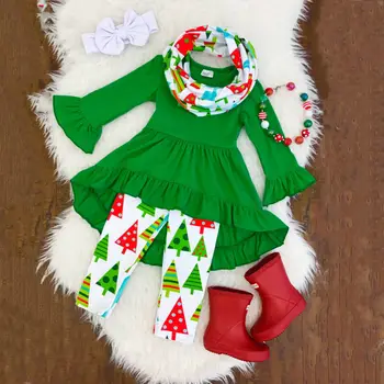 Chico Chica Conjuntos de ropa verde de Manga Larga Tops árbol de navidad pantalones bib trajes de niño ropa