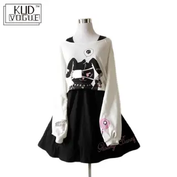 Cómico negro Conejo Lolita Vestido Japonés Adolescentes Kawaii Girls 2 piezas Traje de Dulce de Algodón Vestido Corto Lindo Conejito de Impresión de Mangas Largas de Conjunto