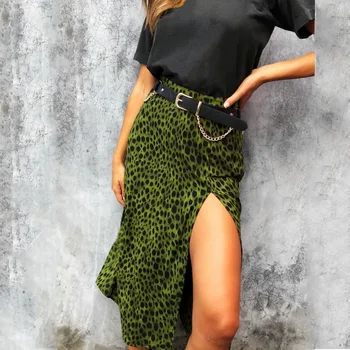 Elegante Leopardo Punto De La Falda De Verano De La Mujer Sexy De Impresión De Alta División Asimétrica De Streetwear Desgaste Del Club De Damas Ropa Casual