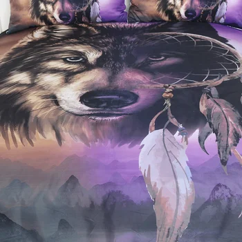 Envío de la gota Digital 3D Wolf, juego de Cama Con Atrapasueños funda de Edredón 3D Paisajes de las Montañas de color Púrpura-Marrón Ropa de cama