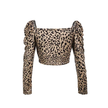La moda de los recién Llegados Casual Mujer V-cuello de Manga Larga de Impresión de Leopardo Crop Tops Tops Camisa Blusas Ropa Suave de la Ropa