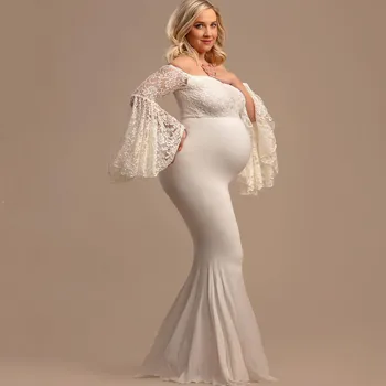 Las mujeres de la Maternidad Pregnants Fotografía Props Volantes de Manga Larga Vestido de Sirena vestido para foto gestante Blanco Vestido de Encaje