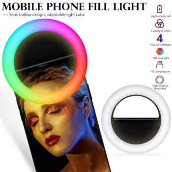LED RGB Clip Selfie Anillo de Luz de la Batería Recargable del anillo de luz para el Teléfono Inteligente de la Cámara de la Forma Redonda de la iluminación aros anillo de luz