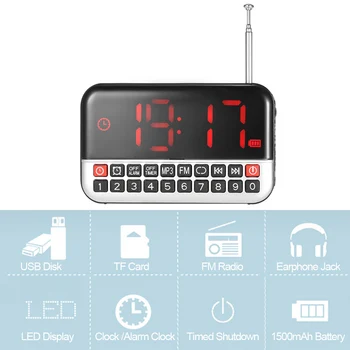 Longruner FM de Radio Digital Estéreo Altavoz de 12 cm de la Pantalla LED de Alarma del Reloj y del Reloj de Disco USB de la Tarjeta del TF AUX Batería de 1500mAh