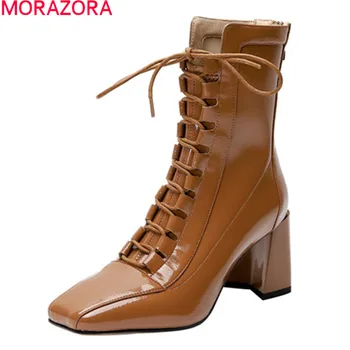 MORAZORA 2020 Nueva venta caliente de la moda de tobillo botas gruesos tacones de pies cuadrados de invierno botas de las mujeres de calidad superior de encaje hasta zapatos de las señoras