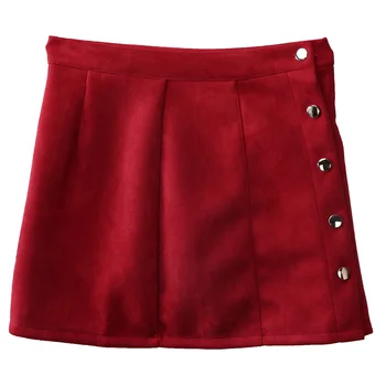 Más el Tamaño de las Mujeres de Cintura Alta Falda de Cuero de Gamuza de Bolsillo Preppy Cortas Mini Faldas Botón de Una línea de soild Marrón Borgoña Básicos