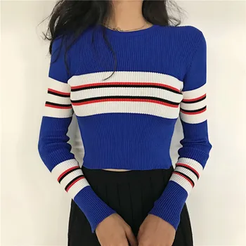 Nuevo Otoño Mujeres Jersey De Rayas O-Cuello Recortada Suéter De Jersey Crop Top Para Mujer