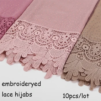 10 PCS/LOT Nueva Moda de Algodón de Encaje de la Bufanda Hiyab Bordado de flores Y Brillante de la Playa de la Bufanda Larga Musulmán Otoño Envoltura de bufandas/chales