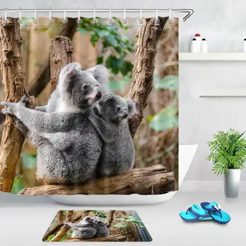 Animales salvajes Lindo Koala Cortina de Ducha con Ganchos de Baño Bañera Impermeable de Tela de Poliéster Cortina de Ducha antideslizante alfombra de Baño