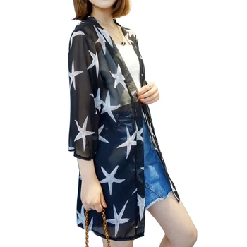 Caliente de la Venta de las Nuevas Mujeres Blusas Impreso Cardigan Mujeres V cuello de Tres Cuartos Sueltos de Gasa Blusa Kimono Cardigan Más SizeNew