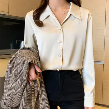 Coreano de Seda de las Mujeres Camisas de las Mujeres Blusa de Satén Mujer V Cuello de la Camisa de Seda OL Vintage Blusas Mujer Elegante, Camisas Blancas Cimas de Más Tamaño