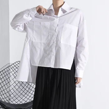 [EAM] las Mujeres Blancas de la Espalda Largo de División Temperamento Blusa Nueva de la Solapa de Manga Larga Floja de la Camisa de Moda Primavera Otoño 2021 JU84700