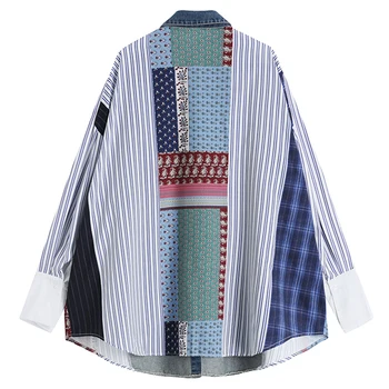 [EAM] las Mujeres Blye Patrón de Rayas del Dril de algodón de Gran Tamaño Blusa Nueva de la Solapa de Manga Larga Floja de la Camisa de Moda Primavera Otoño 2021 1DD3159