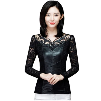 El otoño de la Mujer de Encaje de Gasa Top de punto de coreano PU de Cuero de Costura de Encaje Otoño Top de punto de Gran Tamaño de las Mujeres Forrado de Gasa de la Camisa