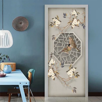 Estilo chino de la Flor de Aves de la Puerta de la etiqueta Engomada del Mural de la Pared de la Pintura de la Sala de estar Dormitorio-Estudio de la Puerta de BRICOLAJE Auto-adhesivo etiqueta Engomada de la Decoración