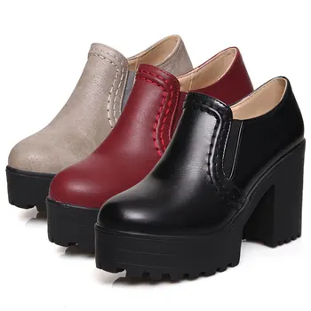 Fanyuan Nueva moda primavera otoño de cuero de la PU slip en zapatos de tacón alto de 9 cm hecho a mano zapatos de mujer zapatos de tacón alto cuadrado tacón de Tamaño 34-46
