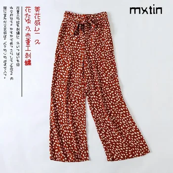 Vintage de la impresión del leopardo de ancho de la pierna de los pantalones de cintura elástica arco pantalones de las mujeres 2020 de la moda de los pantalones femeninos pantalones mujer