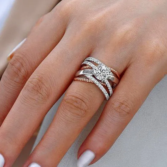 Boda Cristal Plata Ring Hojas Compromiso Oro Cubic Zircon 