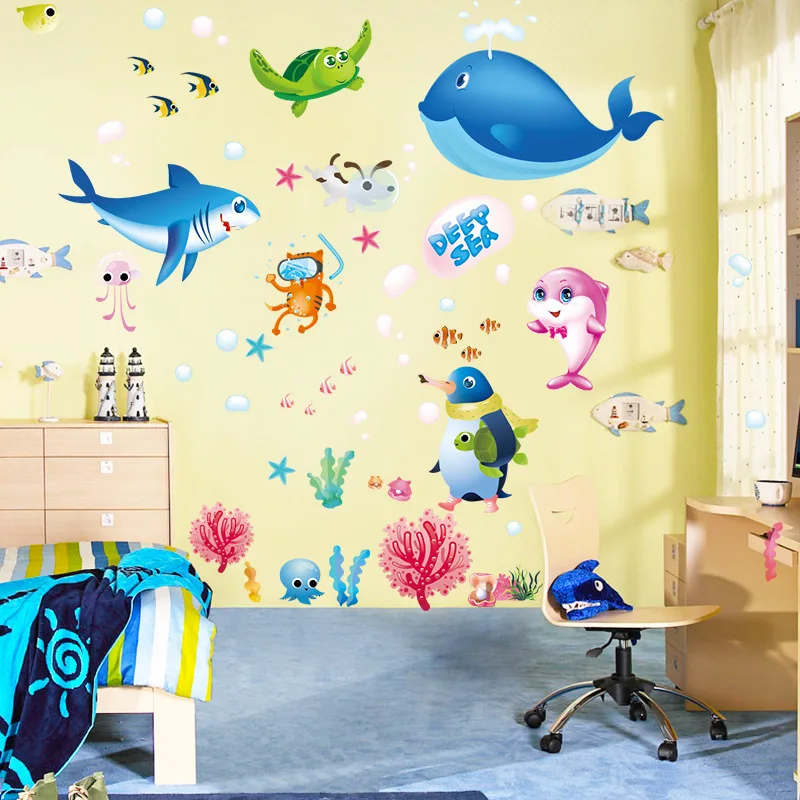 para salón habitación Pegatinas para pared removibles con diseño de peces del mundo submarino de dibujos animados Ufenkeng Décor 